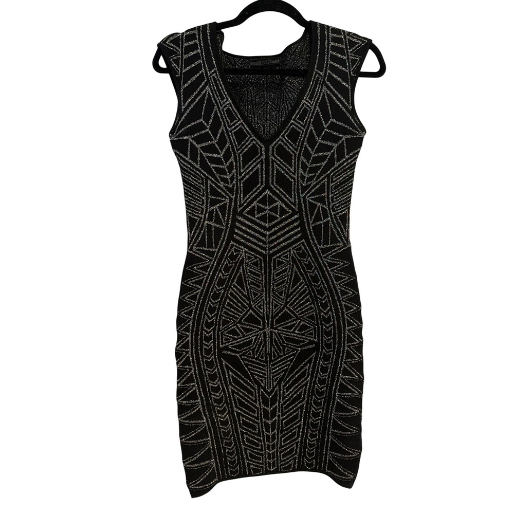 RVN Abstract Jacquard Mini Dress Black Silver Metallic V-Neck Bodycon Small - Picture 4 of 11